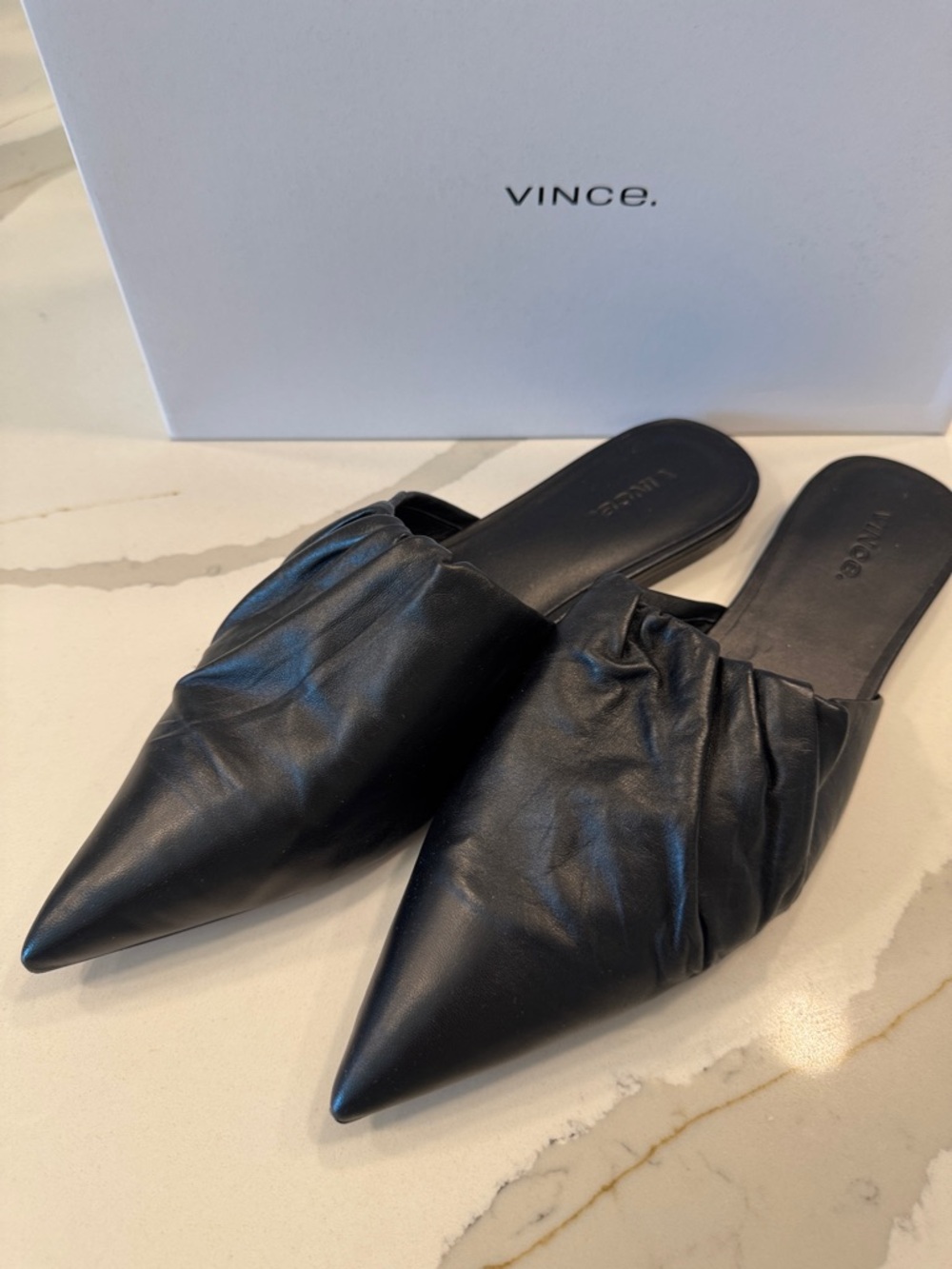 Vince Black Ruched Pointed-Toe Leather Mules